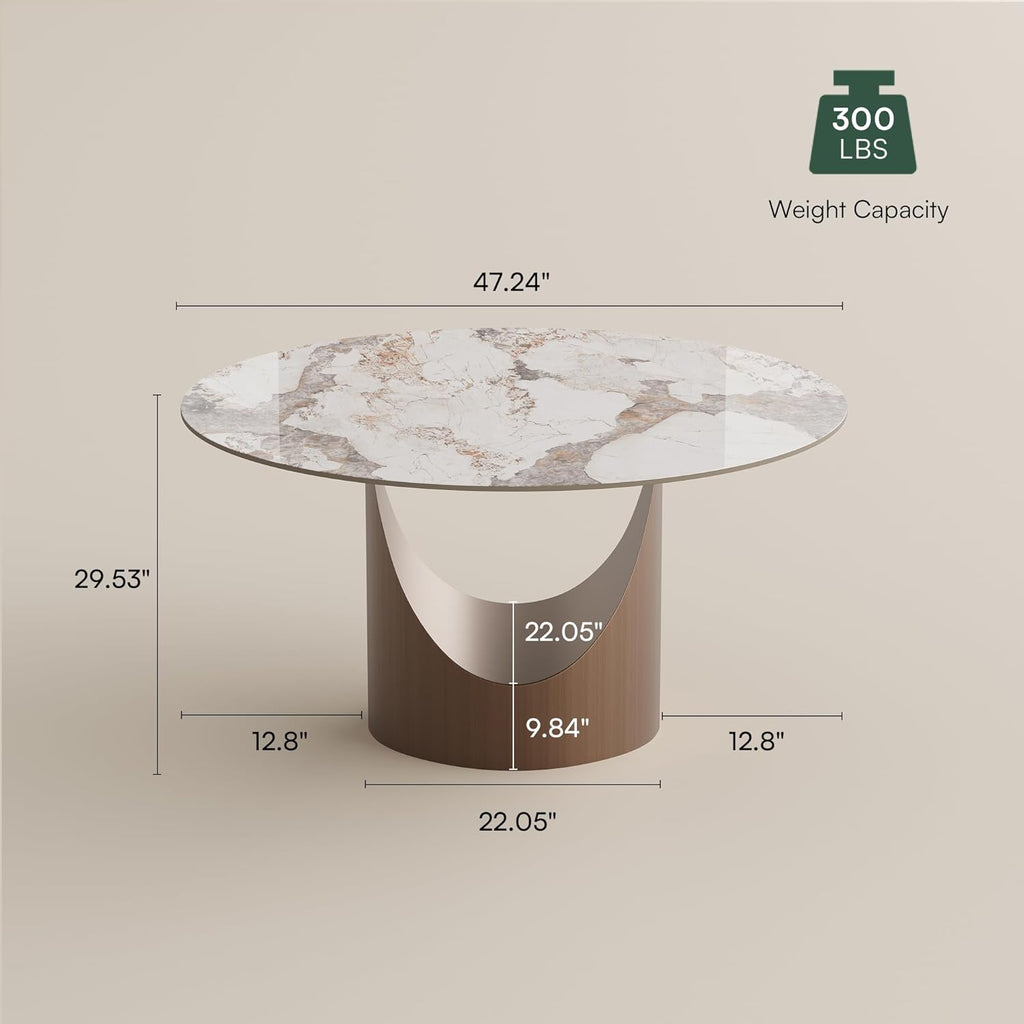 POVISON Round Pandora Dining Table for 4, 47" Sintered Stone Tabletop Dining Table with Bronze Carbon Steel Pedestal (Table Only)
