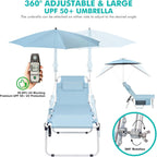 Tanning Chair with Umbrella UPF 50+ Adjustable, Heavy Duty Folding Chaise Lounge Outdoor, Lay Flat 5-Position Recliner for Sun Outside Sunbathing Reading Beach Pool Lawn, 300LBS