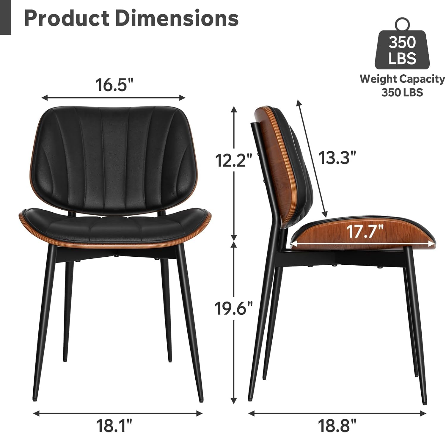 Dining Chairs Set of 4, Mid Century Modern Dining Room Chairs, Upholstered Faux Leather Kitchen Chairs with Walnut Bentwood Back and Metal Legs for Kitchen Dining Room Living Room, PU Black