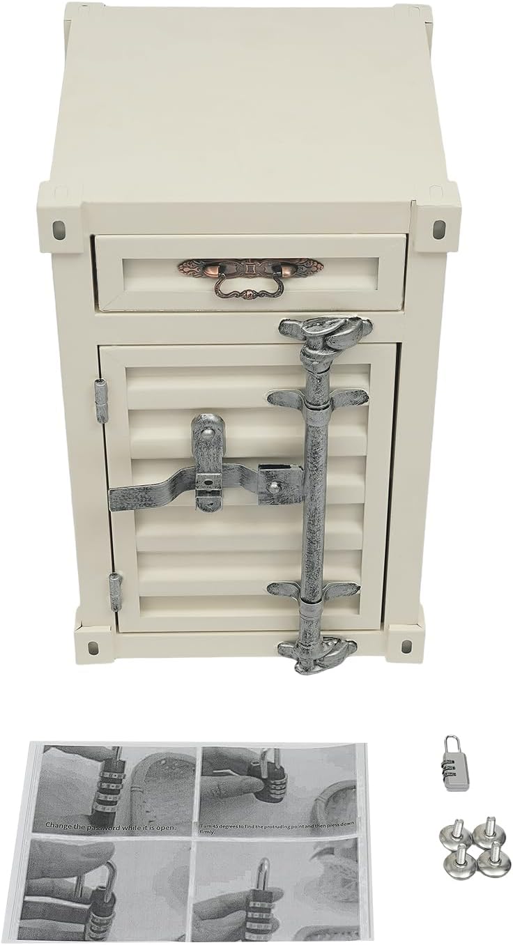 Industrial Wind Bedside Table, Container Style Locker Wrought, Iron Container Side Table with Metal Combination Lock for Living Room, Bar, Office (Creamy White, 12.6 x 12.6 x 19.69in)