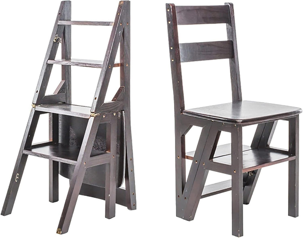 Solid Wood Folding Ladder Chair 4Step Library Ladder Convertible Step Stool Display Stand for Adults(Walnut)