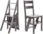 Solid Wood Folding Ladder Chair 4Step Library Ladder Convertible Step Stool Display Stand for Adults(Walnut)