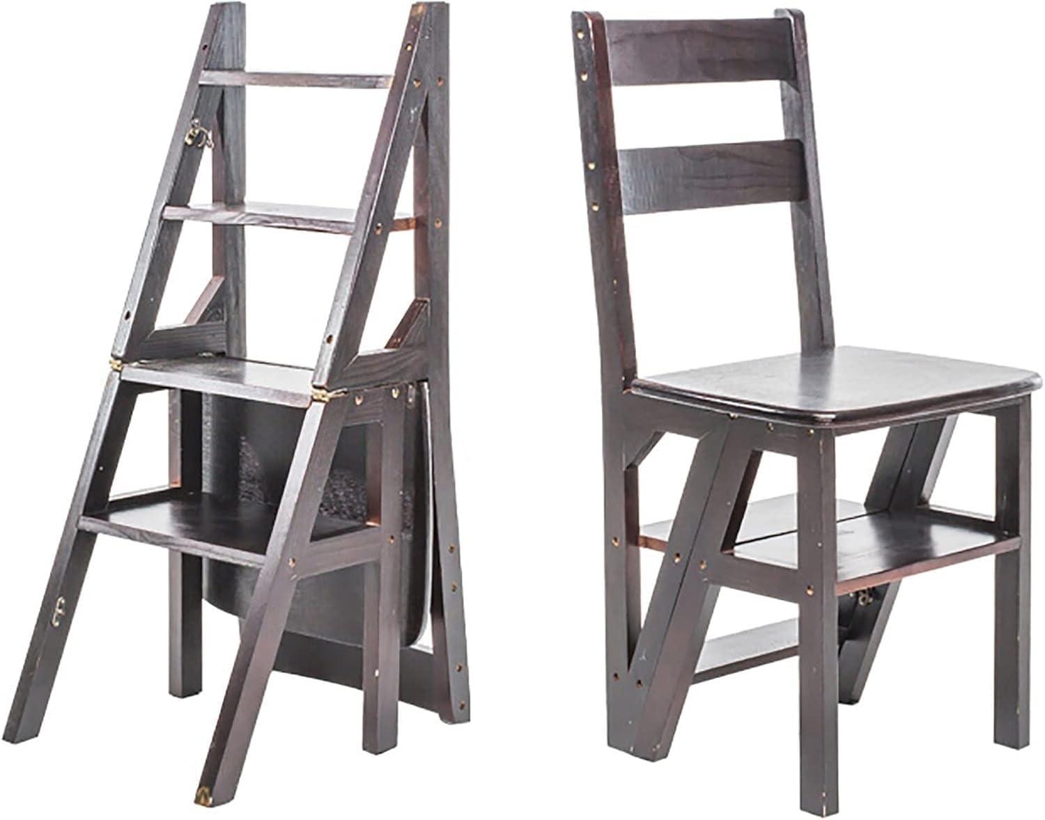 Solid Wood Folding Ladder Chair 4Step Library Ladder Convertible Step Stool Display Stand for Adults(Walnut)