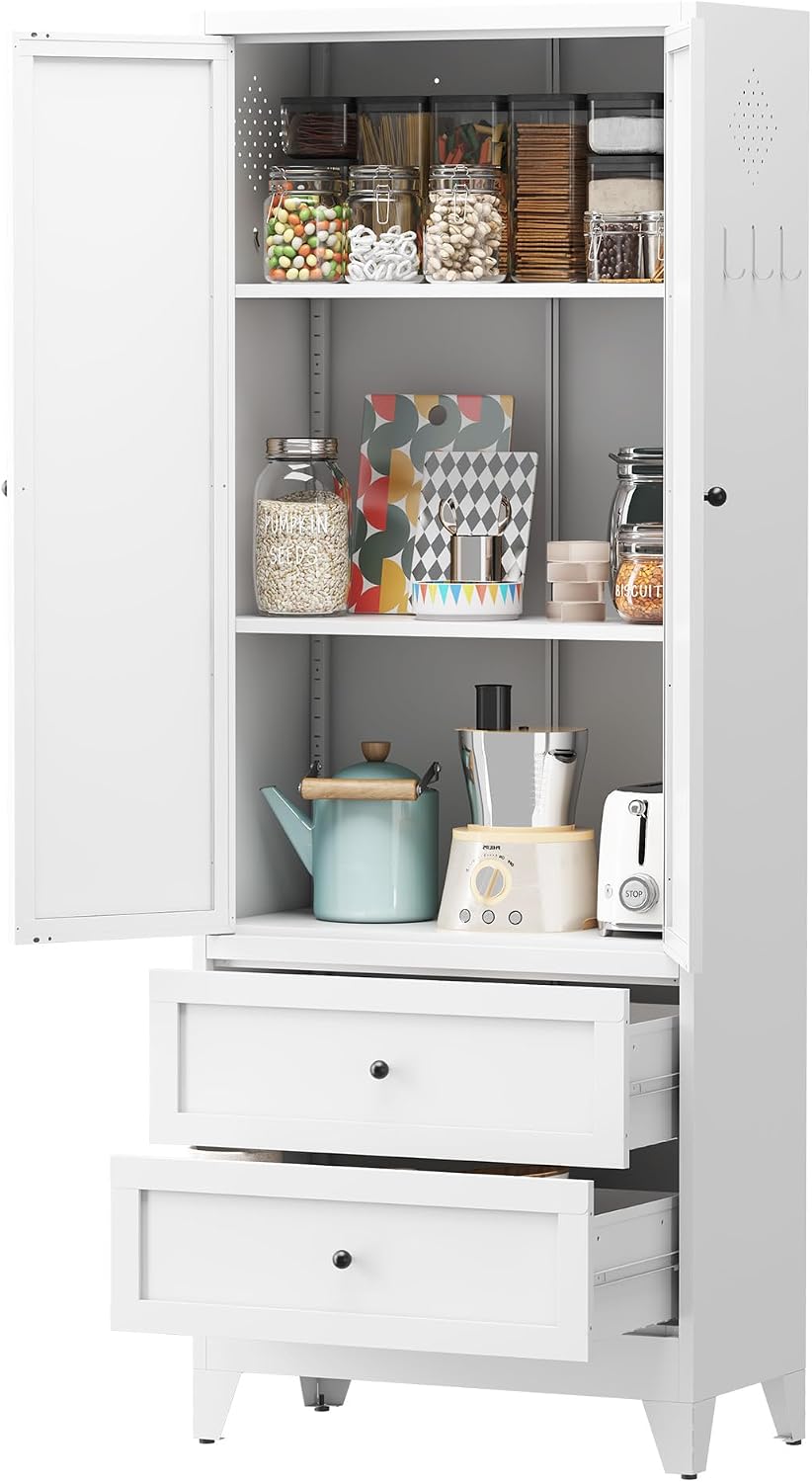 72" Tall Metal Kitchen Pantry Cabinet - Freestanding Sideboard Storage Bookcase with Adjustable Shelves & Drawers, Cupboard Storage Hutch Cabinet for Kitchen/Pantry/Bathroom
