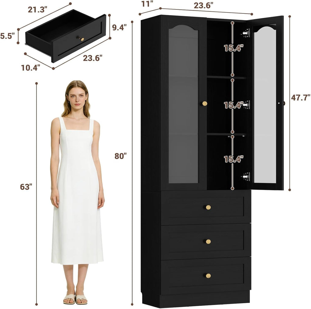 Cyclysio 80" Tall Pantry Cabinet for Kitchen Storage, Black Pantry Cabinet with Glass Doors & 3 Drawers - Freestanding Storage Bookcase with Built-in Baseboard Notch for Dining, Living Room