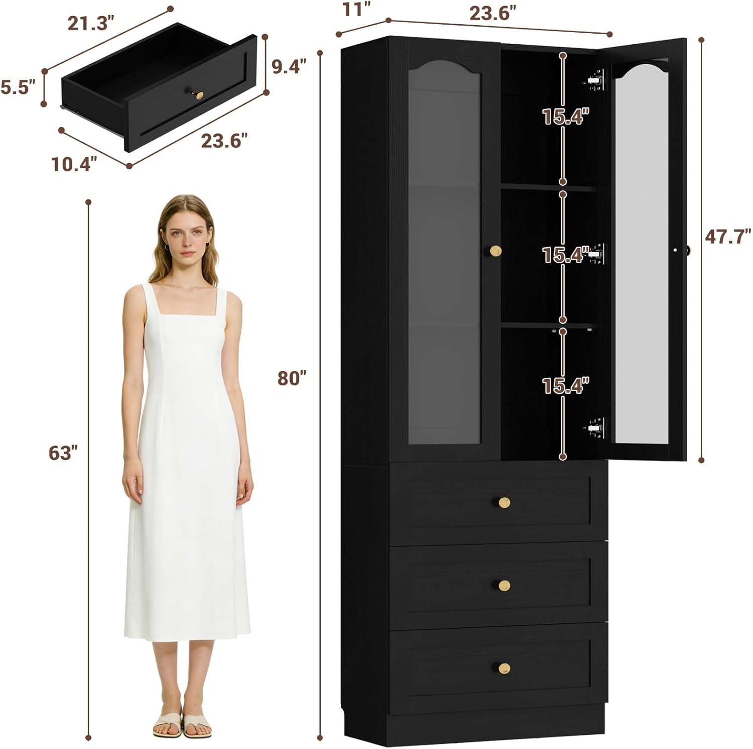 Cyclysio 80" Tall Pantry Cabinet for Kitchen Storage, Black Pantry Cabinet with Glass Doors & 3 Drawers - Freestanding Storage Bookcase with Built-in Baseboard Notch for Dining, Living Room
