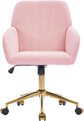 YISHENG Velvet Office Desk Chair with Gold Base, with Wheels,Modern Height Adjustable 360 Degree Swivel Upholstered Vanity Chairs with Arms for Living Room Bedroom,Pink
