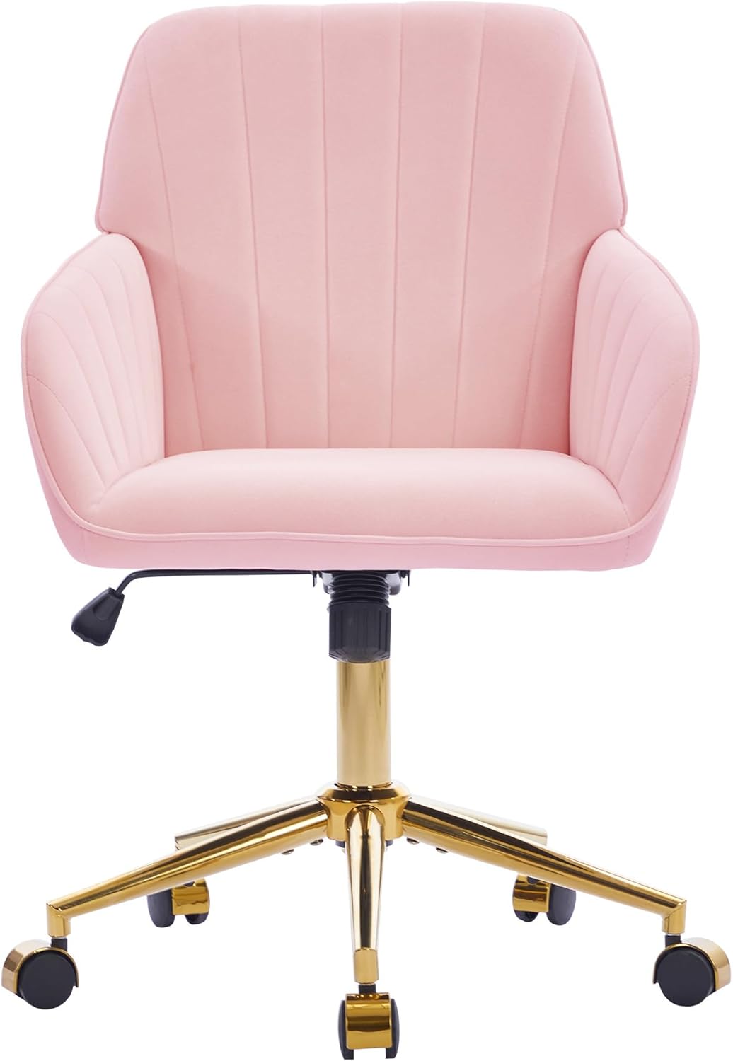 YISHENG Velvet Office Desk Chair with Gold Base, with Wheels,Modern Height Adjustable 360 Degree Swivel Upholstered Vanity Chairs with Arms for Living Room Bedroom,Pink