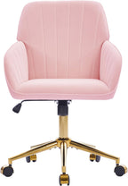YISHENG Velvet Office Desk Chair with Gold Base, with Wheels,Modern Height Adjustable 360 Degree Swivel Upholstered Vanity Chairs with Arms for Living Room Bedroom,Pink