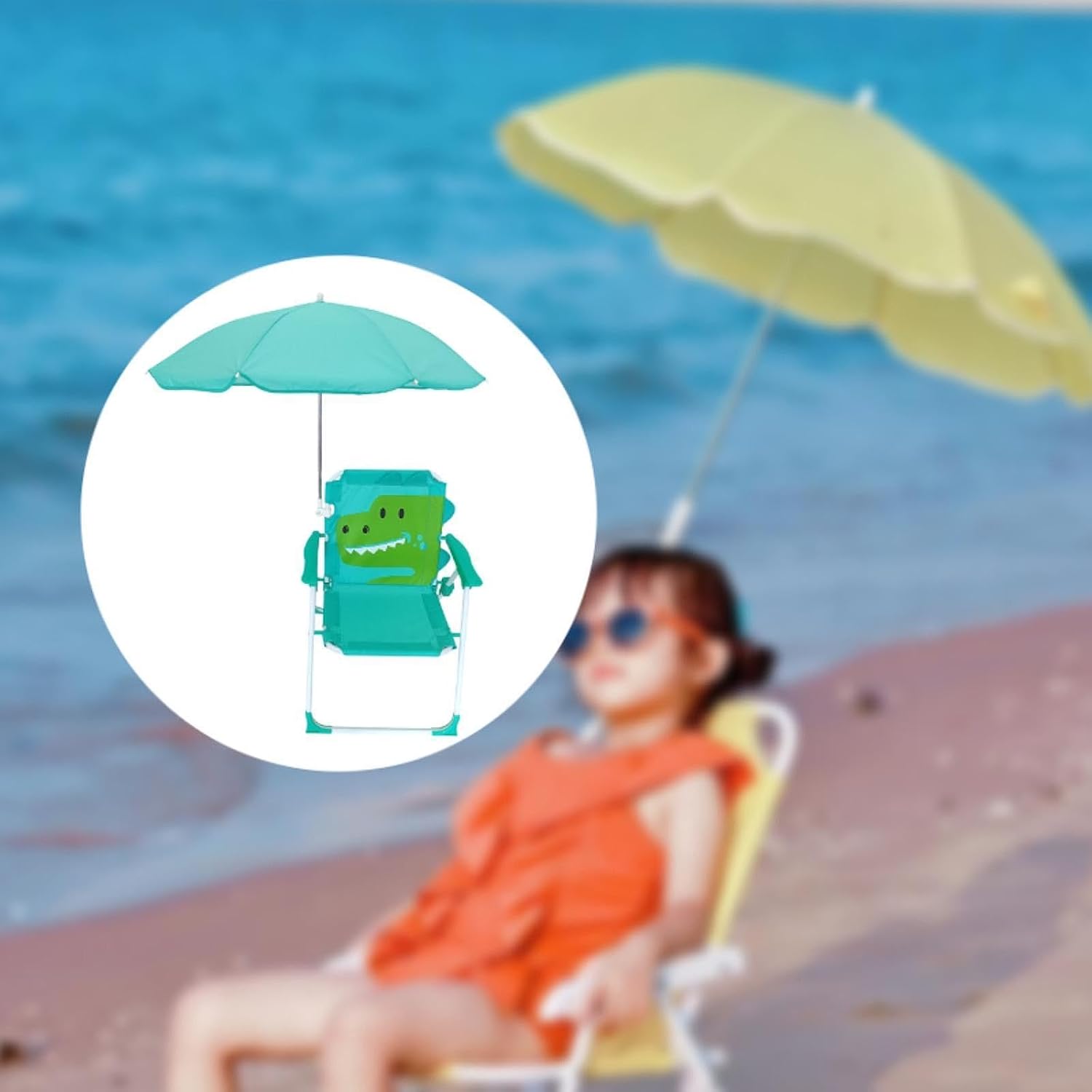 Child Beach Chair Portable Foldable Seat with Sun Protection Umbrella Oxford Cloth Steel Pipe Suitable for Children Fishing Courtyard, Green
