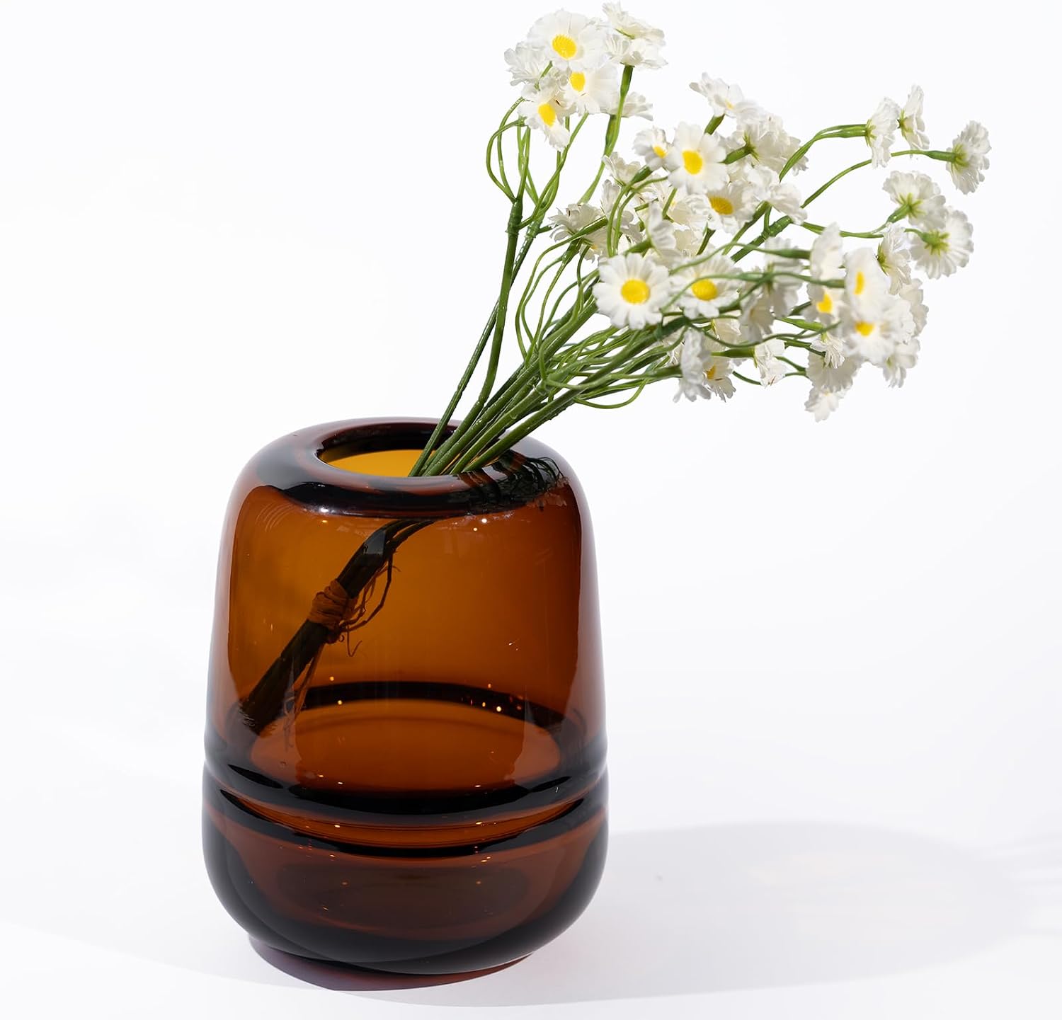 Relexome Amber Glass Flower Vase for Centerpieces Flowers 6.7 Inch Round Modern Glass Bud Vase Decorative Vases for Home Decor, Living Room, Dining Table, Entryway, Shelf, Office