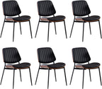 Dining Chairs Set of 6, Upholstered Mid-Century Modern Dining Room and Kitchen Chairs with Walnut Backrest,Retro Accent PU Leather Side Chairs with Metal Legs,Dark Black