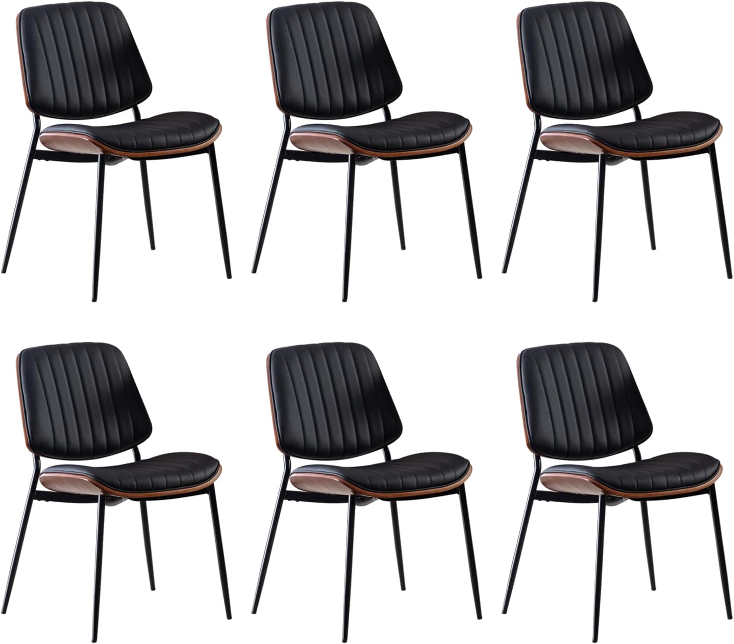 Dining Chairs Set of 6, Upholstered Mid-Century Modern Dining Room and Kitchen Chairs with Walnut Backrest,Retro Accent PU Leather Side Chairs with Metal Legs,Dark Black
