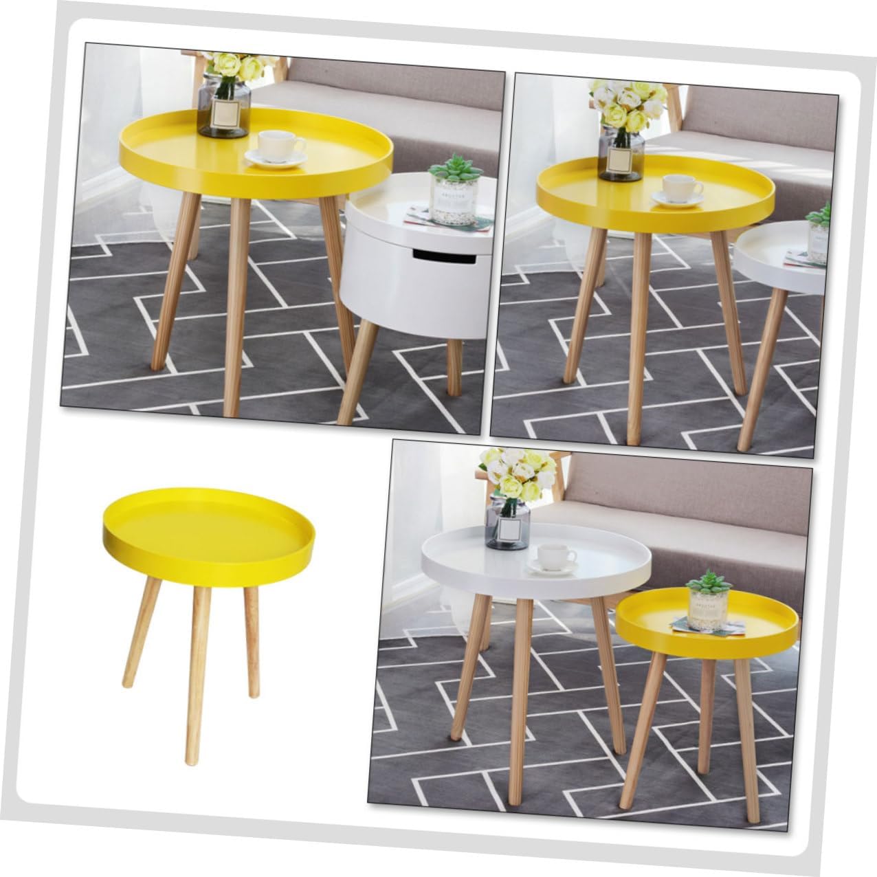 VALICLUD Nordic Style Mini Round Decorative Sofa Side Table with Yellow Wood Top, Compact Creative Small Household End Table for Living Room and Balcony Use