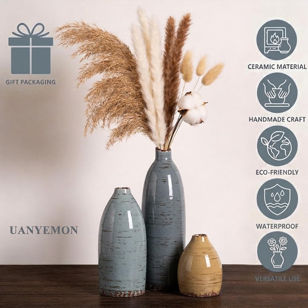 Ceramic Vase Set of 3 - Modern Coastal Rustic Home Decor Flower Vases for Living Room, Kitchen Island, Dining Table Centerpiece Decor, Office Shelf, Fireplace Mantle Decorations (Multicolor Mix)