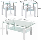 Tempered Glass Coffee Table Set of 3 Coffee Table and End Tables Set,Living Room Tables Set,Coffee Table & Side Table Set of 2,Glass Table Top,Metal Legs (White)