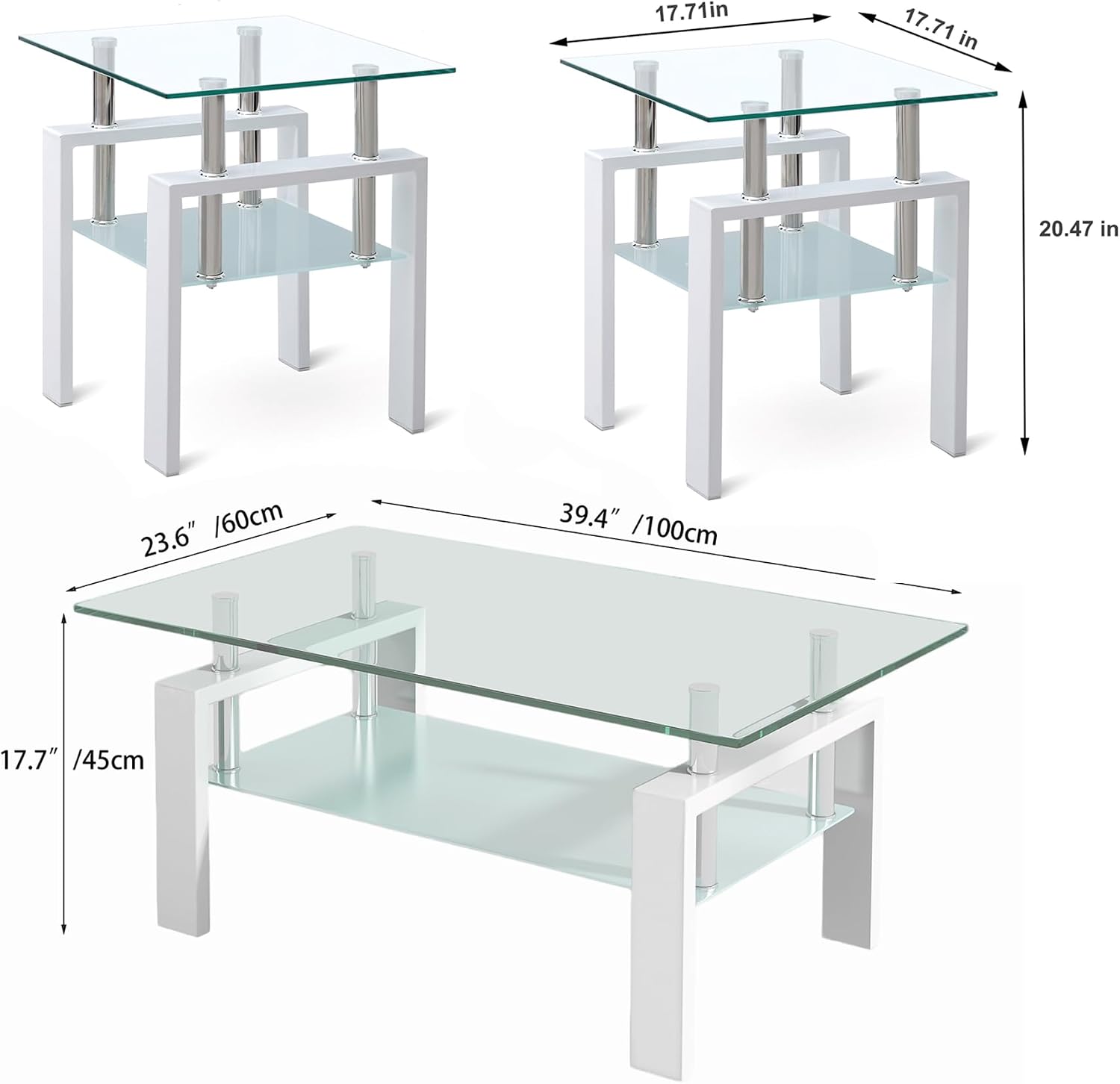 Tempered Glass Coffee Table Set of 3 Coffee Table and End Tables Set,Living Room Tables Set,Coffee Table & Side Table Set of 2,Glass Table Top,Metal Legs (White)