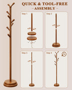 STARSAGA Solid Wood Coat Rack Freestanding Coat Tree with 8 Hooks | Adjustable Height Heavy Duty Coat Rack with Rounded Hooks & Dual-Layer Base, Holds Coats Hats Bags for Entryway, Bedroom