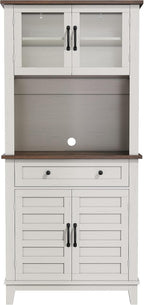72-Inch Tall Pantry Storage Cabinet – Adjustable Shelves, 4 Glass & Wooden Doors, Large Drawer – Modern White and Brown Contrast – Dining, Kitchen or Living Room – Color: Brown and White Contrast