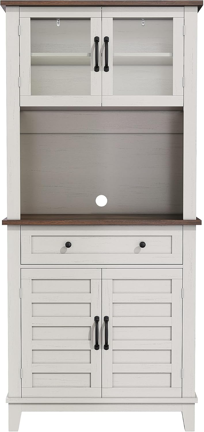 72-Inch Tall Pantry Storage Cabinet – Adjustable Shelves, 4 Glass & Wooden Doors, Large Drawer – Modern White and Brown Contrast – Dining, Kitchen or Living Room – Color: Brown and White Contrast