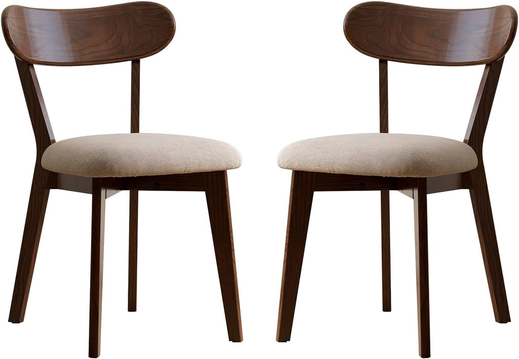 100% Solid Oak Dining Chairs, Mid Century Modern Dining Chair with Curved Backrest, Fabric Upholstered Dining Chairs for Kitchen, Study, Living Room (2, Walnut Wood-Gray Cushion)
