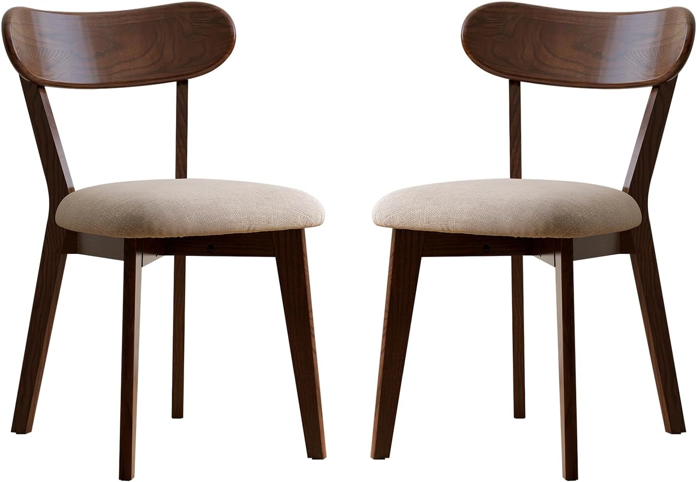 100% Solid Oak Dining Chairs, Mid Century Modern Dining Chair with Curved Backrest, Fabric Upholstered Dining Chairs for Kitchen, Study, Living Room (2, Walnut Wood-Gray Cushion)