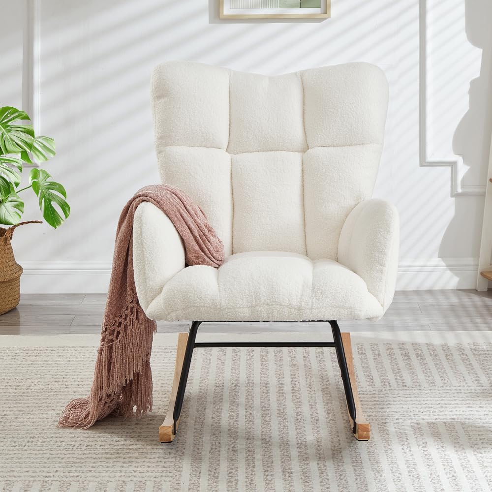 Glider Chair for Living Room Tufted Upholstered Teddy Fabric Rocking Chair with Metal Frame Accent Chair (Ivory)