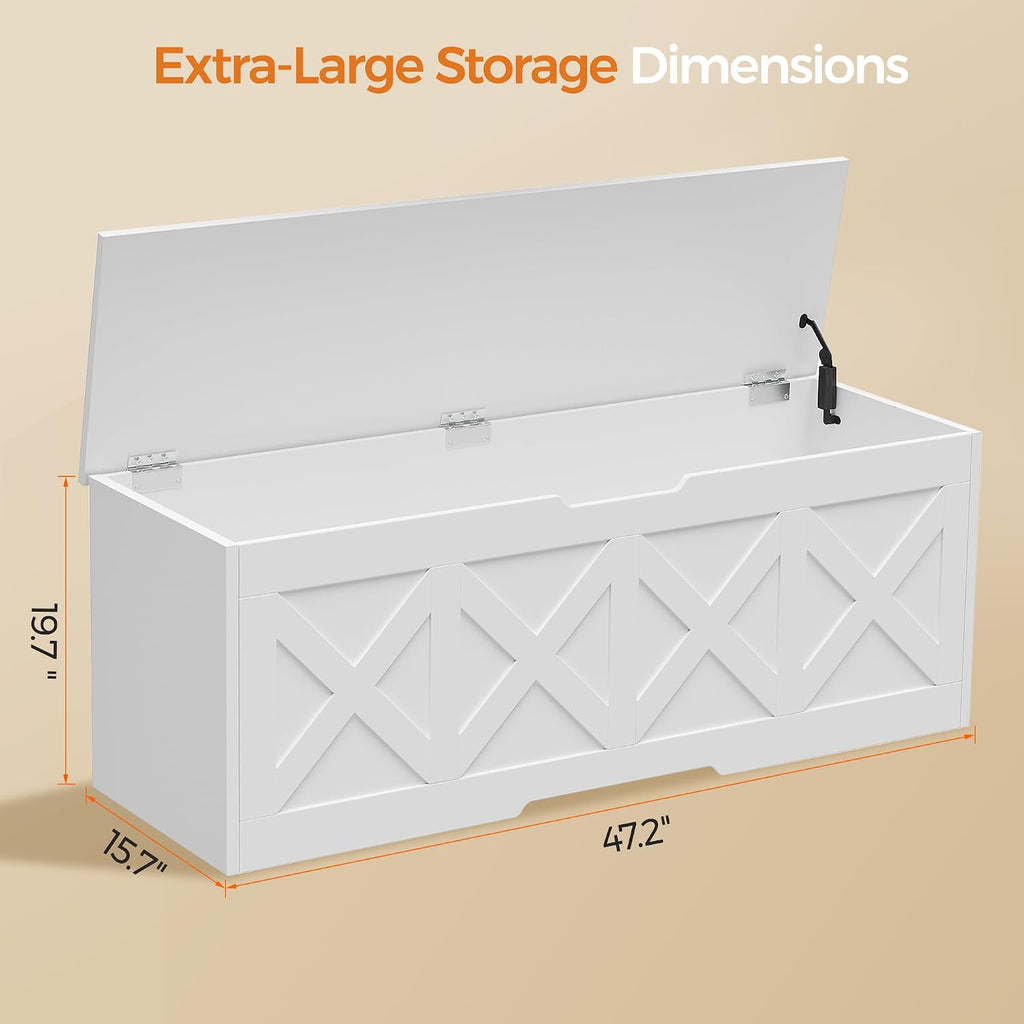 Homleke 47.2" Extra-Large Wooden Storage Chest – Farmhouse Toy Box, Entryway Bench, Bedroom Storage, Safety Hinge, Easy Assembly, White