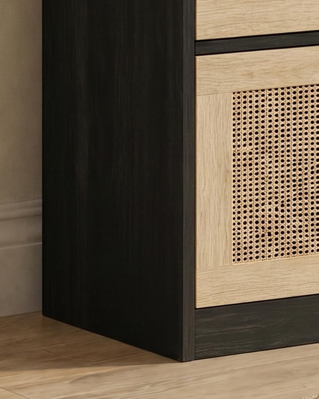 YIGOBUY 27" Boho Rattan Nightstand, 2 Lockable Drawers with Reinforced Lever & Adjustable File Rod, Wooden Storage Bedside End Table for Bedroom Living Room,Black
