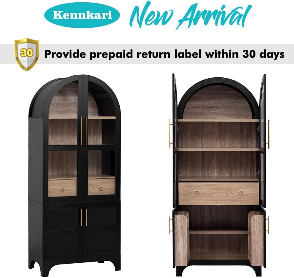 71" Tall Arched Kitchen Pantry Cabinet with Adjustable Shelves & Large Drawers, Arched Bookshelf with Storage Cabinet & Glass Doors, Wooden Versatile Cupboard for Dining Room (Black)