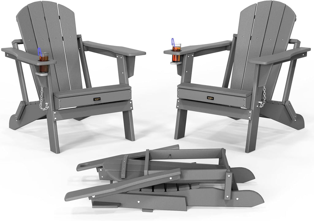 VINGLI Plastic Adirondack Chairs Set of 2, Folding with Cup Holder, Waterproof HDPE Material, Comfortable 380lb Weight Capacity for Outdoor Pool Patio Lounge Chair Lawn Furniture Firepit (Gray)