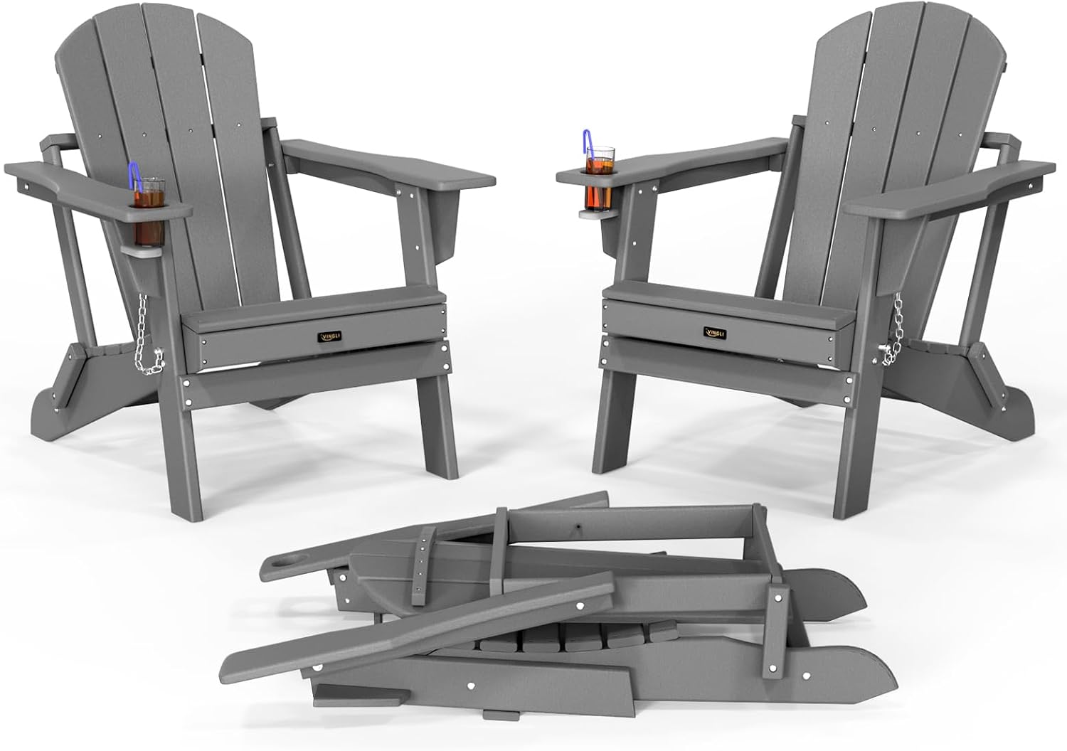 VINGLI Plastic Adirondack Chairs Set of 2, Folding with Cup Holder, Waterproof HDPE Material, Comfortable 380lb Weight Capacity for Outdoor Pool Patio Lounge Chair Lawn Furniture Firepit (Gray)