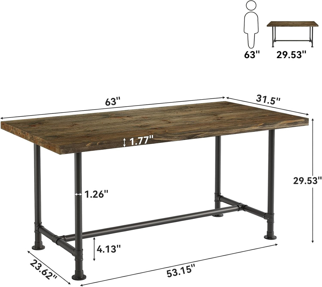 63-Inch Solid Wood Dining Table for 4-6, Industrial Large Kitchen Table with Metal Footrest, Rectangular Wooden Dinner Tables with Sturdy Metal Frame for Dining Room, Rustic Brown
