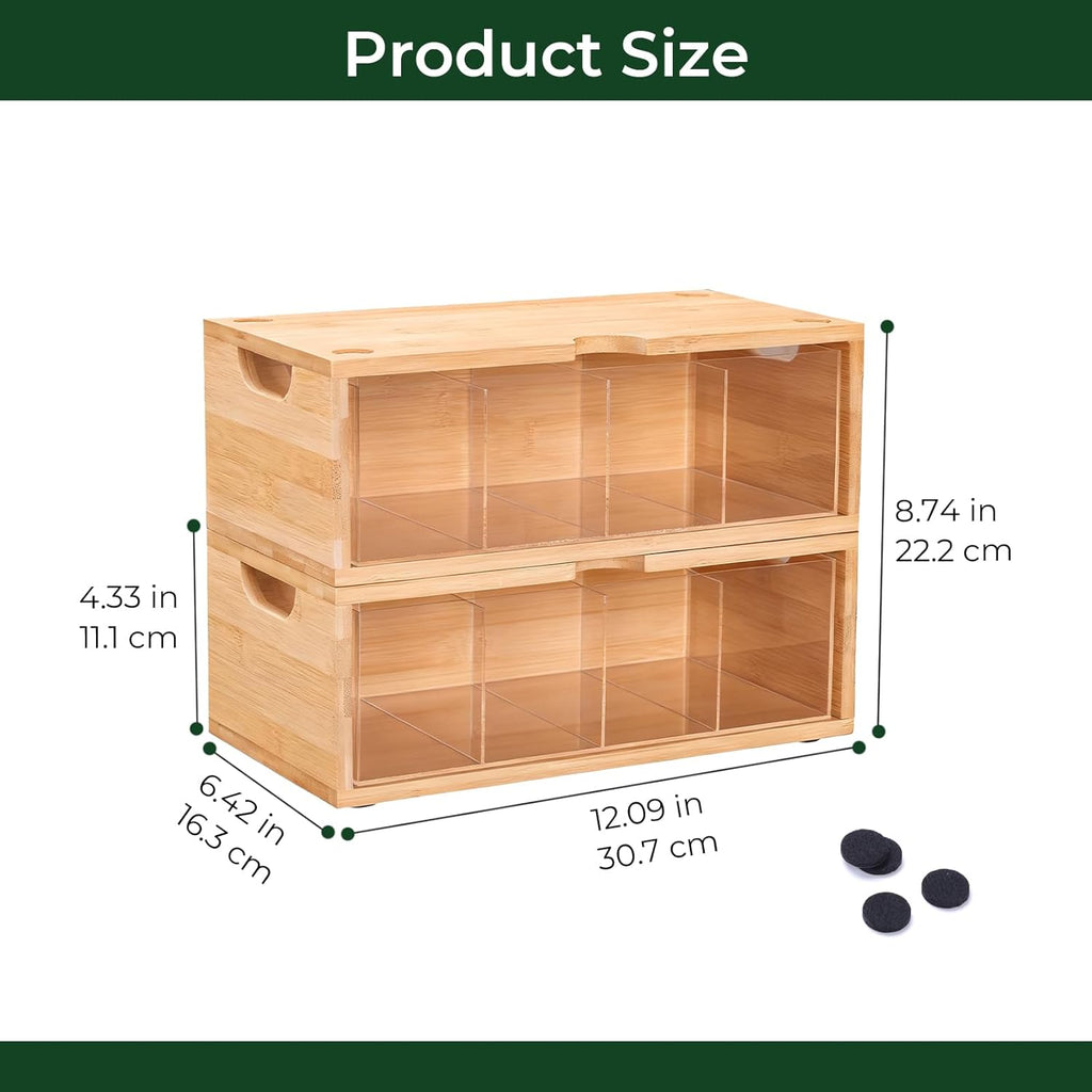 Stackable Bamboo Tea Box Organizer (Set of 2) - Large Capacity Tea Bag Storage Holder for Pantry & Cabinet - Multipurpose Tea Chest - Sustainable Kitchen Drawer & Office Breakroom Decor