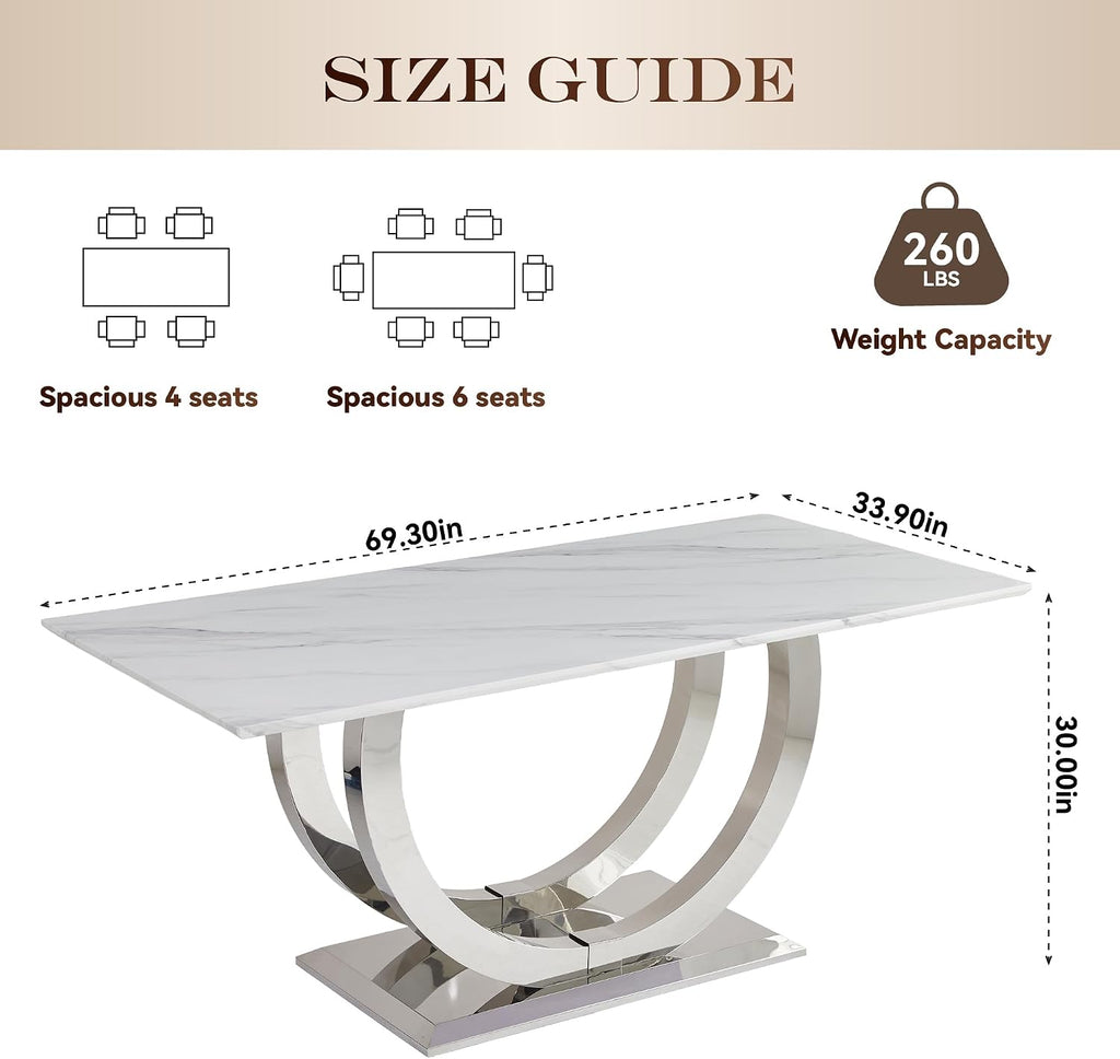 SSLine Modern White Marble Dining Table for 6-8 Rectangle 69.3" Faux Marble Kitchen Table with Silver Stainless Steel Dual U Shape Pedestal Base Luxury Dining Room Table for Home Kitchen
