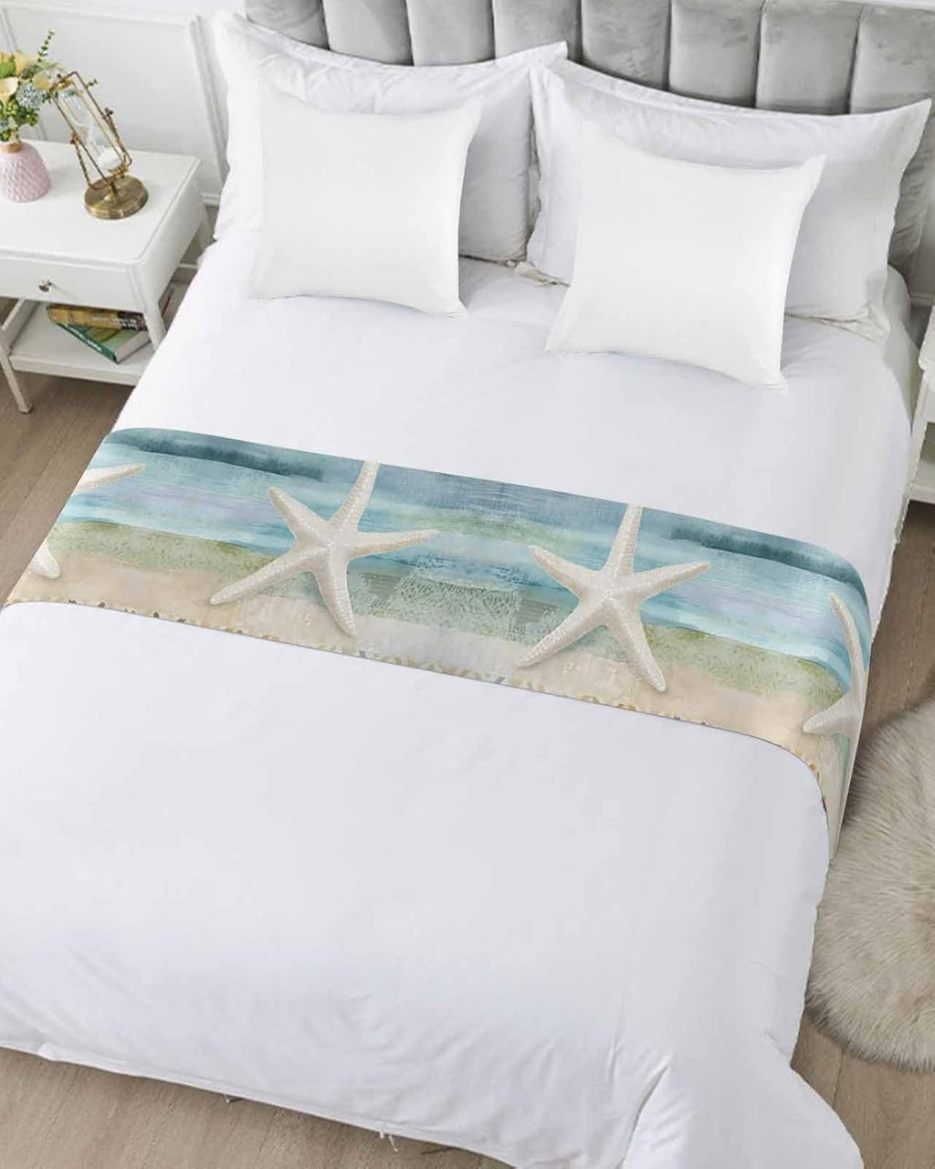 Bed Runner for Twin Size, Coastal Beach Decorative Scarf Throws for Foot of Bed, Summer Retro Starfish Wave Luxury Bedding Protector Slipcover Beds Runners for Hotel/Home, 71 x 20 Inch