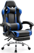 Sweetcrispy Video Game Desk Chair - Ergonomic Computer with Footrest and Comfy Lumbar Support, PU Leather Recliner with Headrest, Fixed Up Armrest, Height Adjustable with 360° Swivel, for Adults, Blue