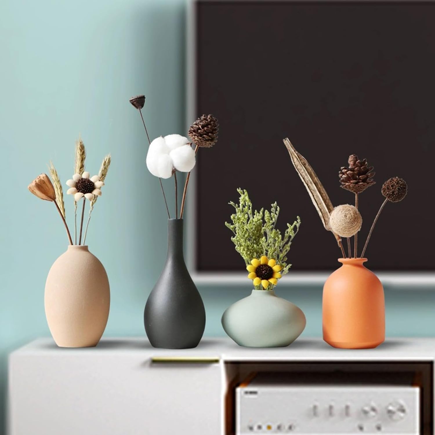Ceramic Vase Set of 4 with Dried Flowers Round Matte | For Modern Minimalist Bohemian, Pampas Grass, Home, Office, Shelf, Living Room, Bedroom,Entryway Decor