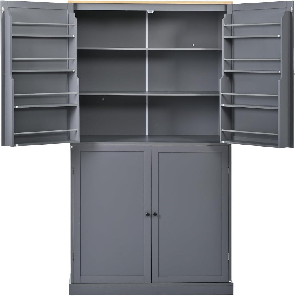 71" Tall Kitchen Pantry Storage Cabinet with 4 Doors, Freestanding Wooden Cupboard with 2 Drawers, 2 Adjustable Shelves and Cabinet Door Organizers for Kitchen, Dining Room, Grey