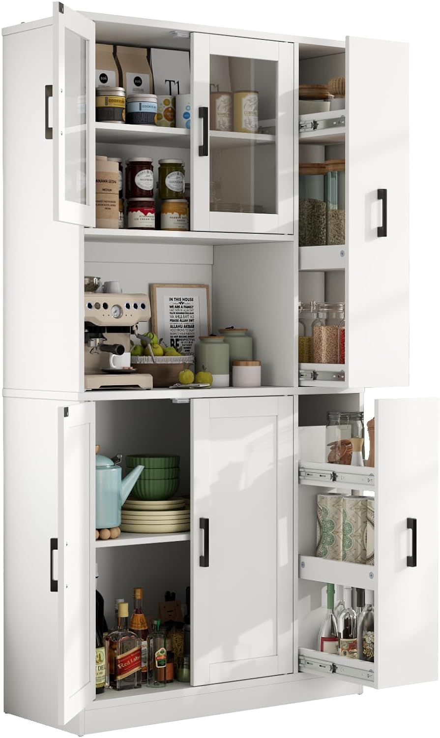 Gyfimoie 68" Tall Kitchen Pantry Cabinet with Side Drawer, Kitchen Pantry Storage Cabinet with Acrylic Door,Freestanding Food Hutch with Microwave Stand for Dining Room (White)
