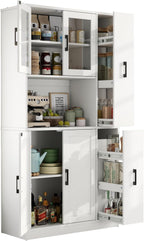 Gyfimoie 68" Tall Kitchen Pantry Cabinet with Side Drawer, Kitchen Pantry Storage Cabinet with Acrylic Door,Freestanding Food Hutch with Microwave Stand for Dining Room (White)