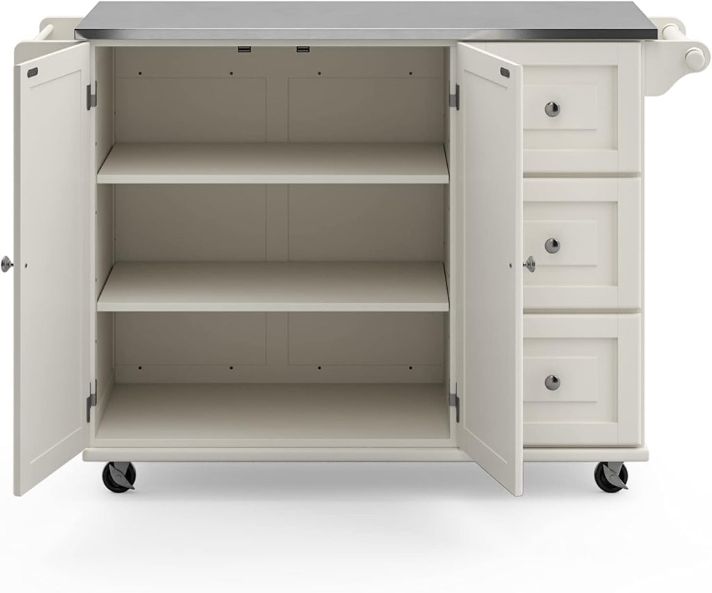 53.5" Kitchen Island Cart with Storage, Rolling Kitchen Cart on Wheels with Stainless Steel Top, Mobile Prep Station with Drawers, Cabinets, Adjustable Shelves & Towel Rack, Solid Wood, Off White