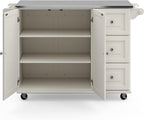 53.5" Kitchen Island Cart with Storage, Rolling Kitchen Cart on Wheels with Stainless Steel Top, Mobile Prep Station with Drawers, Cabinets, Adjustable Shelves & Towel Rack, Solid Wood, Off White
