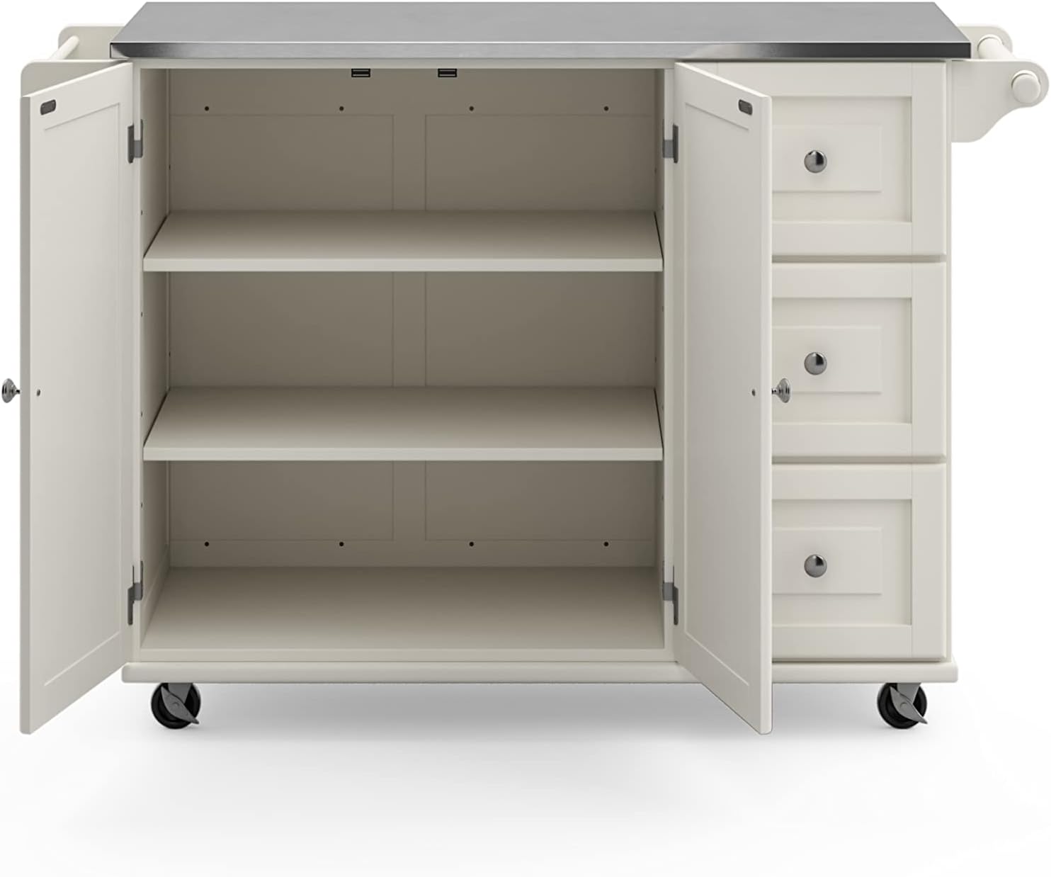 53.5" Kitchen Island Cart with Storage, Rolling Kitchen Cart on Wheels with Stainless Steel Top, Mobile Prep Station with Drawers, Cabinets, Adjustable Shelves & Towel Rack, Solid Wood, Off White