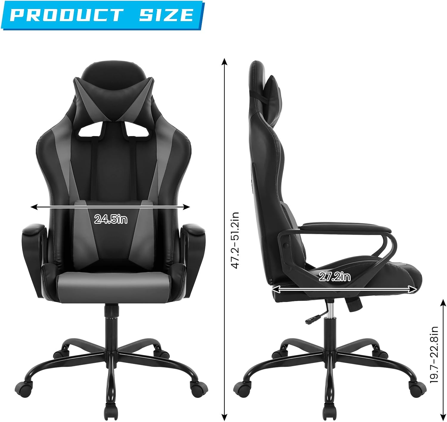 Grey Gaming Chair | Ergonomic High Back Desk Chair Racing Style with Lumbar Support, Headrest & Arms - Heavy Duty Swivel Computer Chair for Office