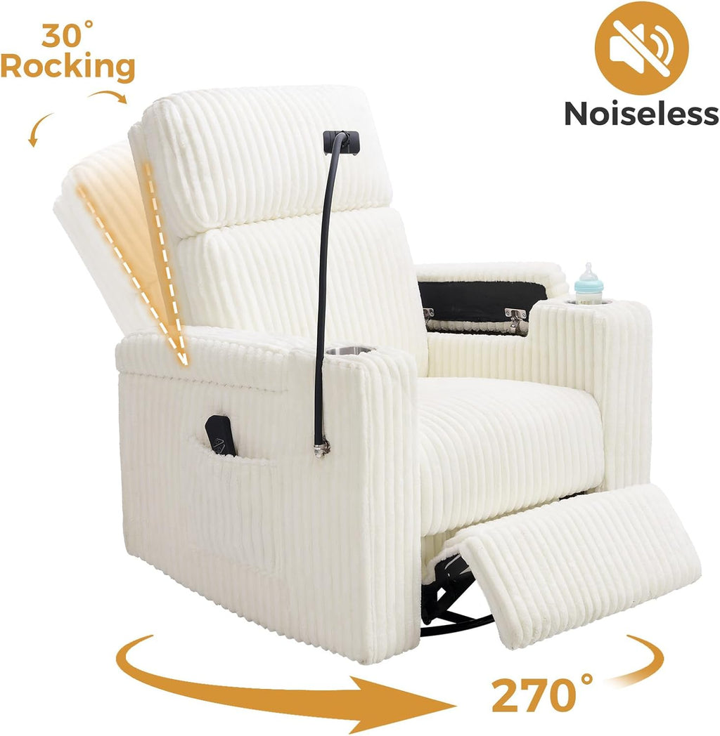 Power Swivel Rocking Chair Nursery with Armrest Storage, Skin-Friendly White Corduroy Nursing Chair Copy Thickened High-Density Foam Rocking Recliner with USB & C Port, Cup & Phone Holder