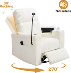 Power Swivel Rocking Chair Nursery with Armrest Storage, Skin-Friendly White Corduroy Nursing Chair Copy Thickened High-Density Foam Rocking Recliner with USB & C Port, Cup & Phone Holder