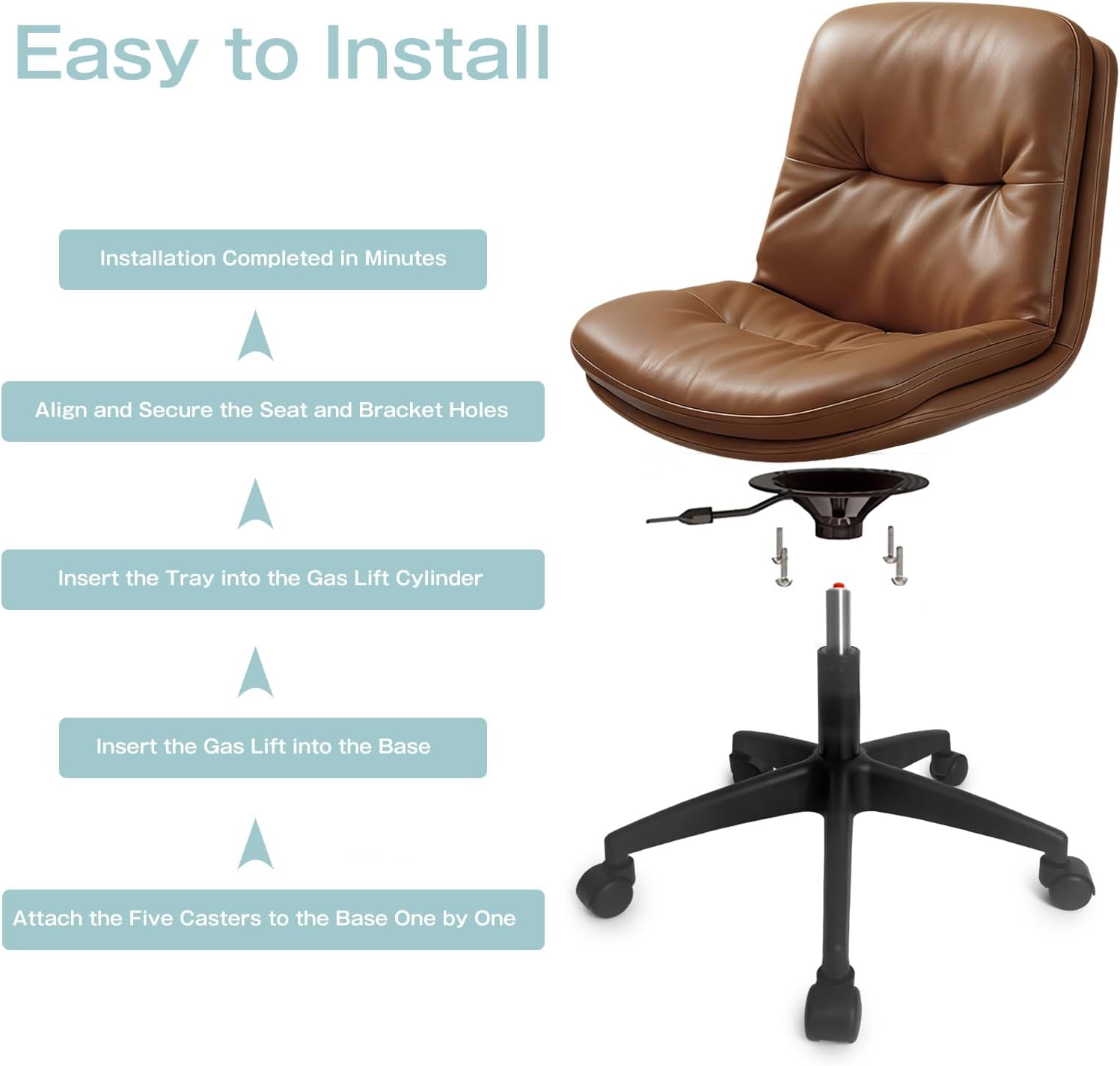 Office Chair, Ergonomic Desk Chair with Padded Cushion & Backrest, Adjustable Height & 360° Swivel, Armless Task Chair for Home Office, Computer Desk & Vanity Brown 1
