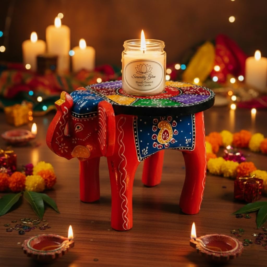 End Table, Handmade Wooden Elephant Side Table, Small Round End Table, Nightstand with Tapered Legs, for Small Spaces, Living Room, Bedroom, Wooden Stools (Red)