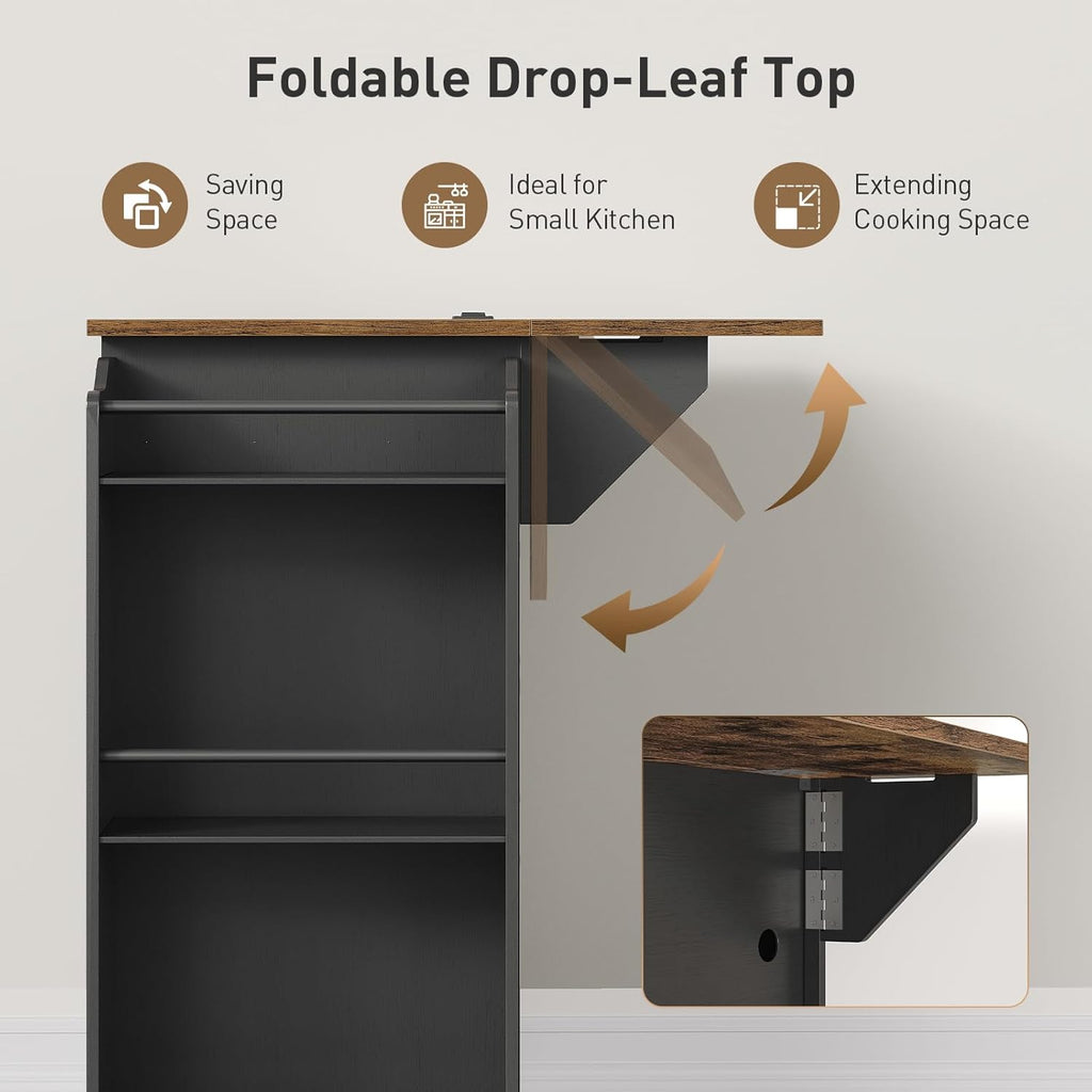 RALGEND Kitchen Island with Power Outlets & Drop Leaf, Rolling Kitchen Cart on Wheels, Kitchen Storage Island with Spice Rack and Drawer for Kitchen, Dinning Room, Black and Rustic Brown